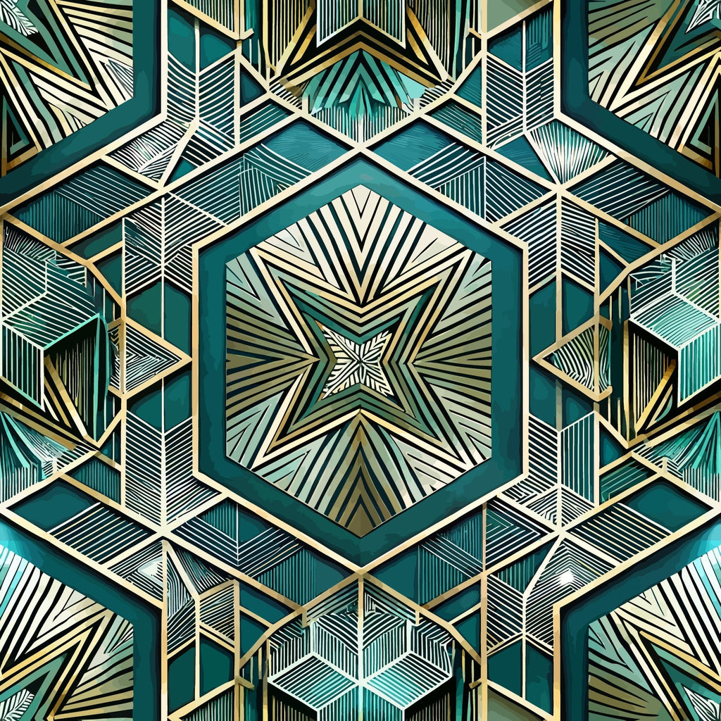 art deco, geometric pattern, teal, gold, cream, white, hexagonal shapes, radiating lines, symmetrical design, star motif, angular lines, metallic accents, vintage style, repeating pattern,, fabric panel, structured geometry, dimensional effect, sunburst design, sophisticated palette