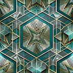 art deco, geometric pattern, teal, gold, cream, white, hexagonal shapes, radiating lines, symmetrical design, star motif, angular lines, metallic accents, vintage style, repeating pattern,, fabric panel, structured geometry, dimensional effect, sunburst design, sophisticated palette