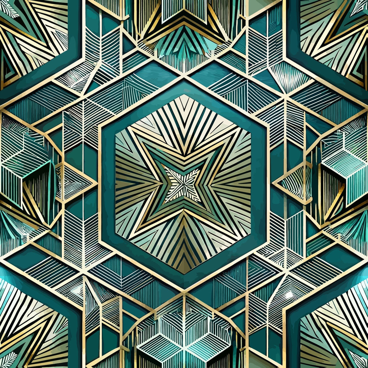 art deco, geometric pattern, teal, gold, cream, white, hexagonal shapes, radiating lines, symmetrical design, star motif, angular lines, metallic accents, vintage style, repeating pattern,, fabric panel, structured geometry, dimensional effect, sunburst design, sophisticated palette