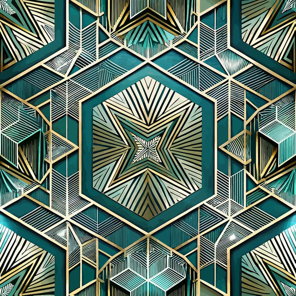art deco, geometric pattern, teal, gold, cream, white, hexagonal shapes, radiating lines, symmetrical design, star motif, angular lines, metallic accents, vintage style, repeating pattern,, fabric panel, structured geometry, dimensional effect, sunburst design, sophisticated palette