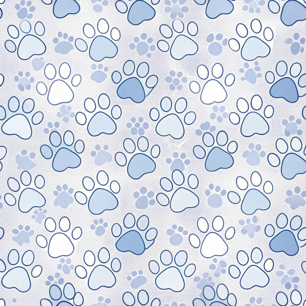 dog paws, paw prints, blue, light blue, periwinkle, white, cream, beige, animal prints, pet theme, scattered pattern, repeating motif,, fabric panel, playful, whimsical, cute animals, canine, dog lover, craft fabric, sewing material