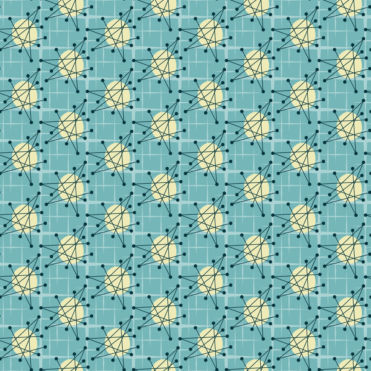 turquoise, teal, yellow, cream, atomic starburst, mid-century modern, geometric pattern, radiating lines, dots, nodes, retro design, vintage style,, fabric panel, starburst motif, atomic age, angular design, repeating pattern, modernist, grid background