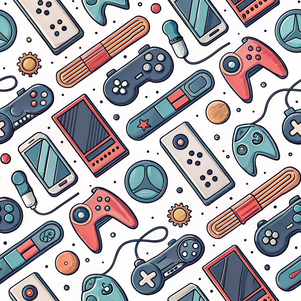 gaming controllers, retro controllers, video game pattern, coral pink, teal blue, navy blue, cream white, orange accents, modern gaming, electronic devices, handheld controllers, gaming consoles,, fabric panel, contemporary design, tech pattern, geometric gaming, scattered layout, gaming accessories, digital entertainment