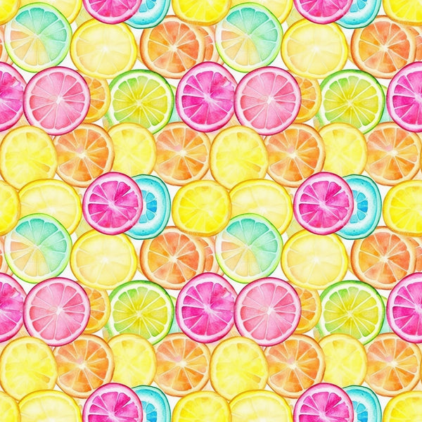 citrus slices, lemon, orange, lime, grapefruit, pink, yellow, green, blue, watercolor style, fruit pattern, bright colors, summer vibes, fresh, juicy,, fabric panel, cheerful, vibrant, tropical feel
