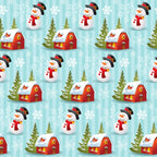 christmas fabric, winter pattern, snowman character, red houses, evergreen trees, white snowflakes, light blue background, festive motif, repeating design, holiday theme,, fabric panel, winter village, snow-covered roofs, cartoon style, cheerful pattern, seasonal fabric, craft material, sewing fabric, winter wonderland