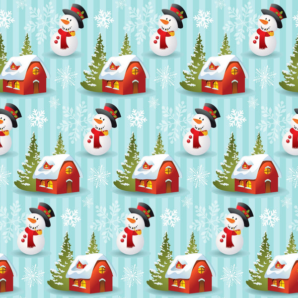 christmas fabric, winter pattern, snowman character, red houses, evergreen trees, white snowflakes, light blue background, festive motif, repeating design, holiday theme,, fabric panel, winter village, snow-covered roofs, cartoon style, cheerful pattern, seasonal fabric, craft material, sewing fabric, winter wonderland