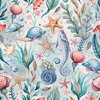 watercolor style, sea creatures, whales, seahorses, starfish, seashells, coral, seaweed, ocean plants, aquatic life, underwater scene, teal, coral pink, purple, blue, sage green, orange,, fabric panel, marine life, whimsical illustration, soft pastels, nautical theme, ocean pattern, sea life motifs