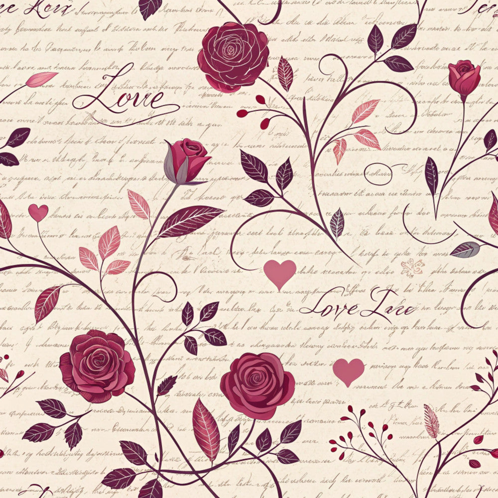 burgundy roses, wine red, cream, mauve, floral pattern, vintage script, romantic, elegant, rose motifs, heart motifs, love themed, cursive text, botanical, nature inspired, traditional, feminine, wedding, valentine's day, anniversary, love letters, ornate vines, leafy branches, berry sprigs, powder pink accents, deep burgundy, decorative leaves, literary theme, classic style, romantic gift