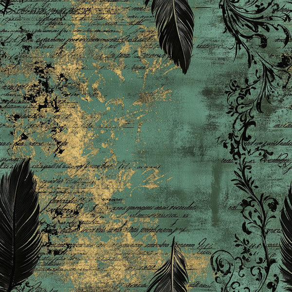 teal, sage green, gold, vintage, feathers, ornamental, damask, distressed, grunge, elegant, steampunk, gothic, victorian, nature-inspired, black feathers, weathered, manuscript, calligraphy, baroque, antique, moody, sophisticated, boho, bohemian, literary, ornate flourishes, dark academia, steampunk aesthetic, celestial, classic