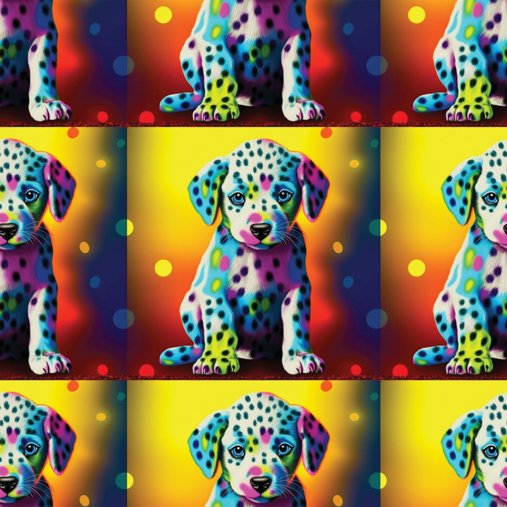 colorful puppies, dalmatian dogs, rainbow colors, vibrant spots, neon pink, electric blue, bright yellow, orange gradient, purple accents, turquoise, lime green, polka dots, pop art style, psychedelic,, fabric panel, repeating pattern, playful animals, contemporary art, bright backgrounds