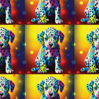 colorful puppies, dalmatian dogs, rainbow colors, vibrant spots, neon pink, electric blue, bright yellow, orange gradient, purple accents, turquoise, lime green, polka dots, pop art style, psychedelic,, fabric panel, repeating pattern, playful animals, contemporary art, bright backgrounds