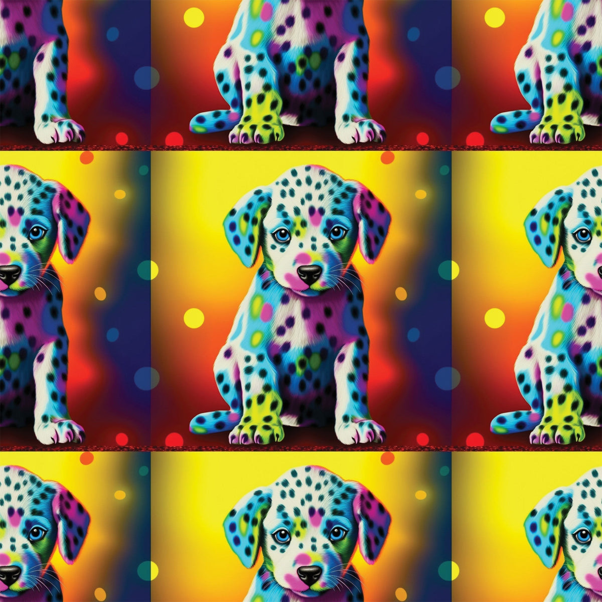 colorful puppies, dalmatian dogs, rainbow colors, vibrant spots, neon pink, electric blue, bright yellow, orange gradient, purple accents, turquoise, lime green, polka dots, pop art style, psychedelic,, fabric panel, repeating pattern, playful animals, contemporary art, bright backgrounds