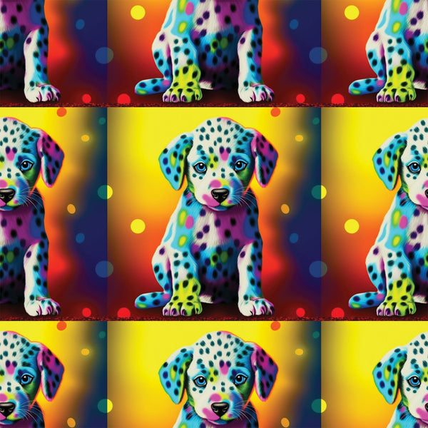 colorful puppies, dalmatian dogs, rainbow colors, vibrant spots, neon pink, electric blue, bright yellow, orange gradient, purple accents, turquoise, lime green, polka dots, pop art style, psychedelic,, fabric panel, repeating pattern, playful animals, contemporary art, bright backgrounds