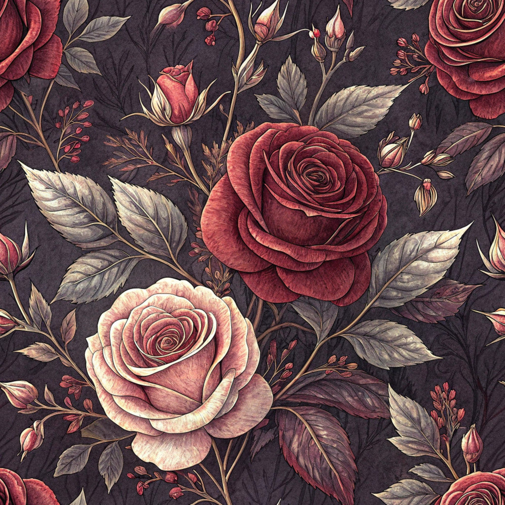 burgundy roses, deep red roses, dusty rose, blush pink, charcoal gray, dark navy background, floral pattern, rose motif, botanical print, vintage floral, romantic roses, garden flowers, buds and blooms, layered petals, elegant style, traditional design, nature-inspired, botanical illustration, wedding theme, romantic theme, classic roses, heirloom floral, timeless design, sophisticated floral, ornate flowers, detailed florals, delicate leaves, naturalistic flowers