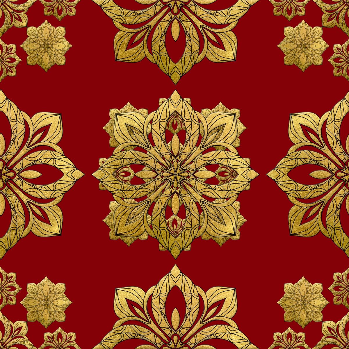 red background, gold metallic, ornate medallions, floral motifs, paisley patterns, decorative scrollwork, symmetrical design, intricate details, luxurious appearance, christmas fabric,, fabric panel, holiday theme, elaborate ornaments, botanical elements, rich colors, festive pattern, damask style, elegant motifs