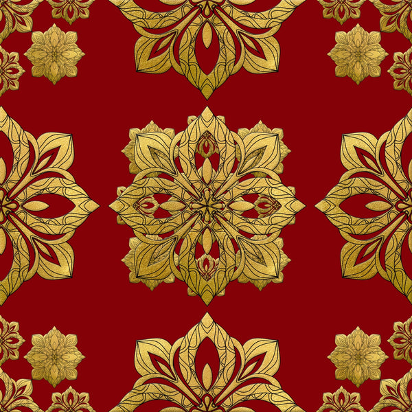 red background, gold metallic, ornate medallions, floral motifs, paisley patterns, decorative scrollwork, symmetrical design, intricate details, luxurious appearance, christmas fabric,, fabric panel, holiday theme, elaborate ornaments, botanical elements, rich colors, festive pattern, damask style, elegant motifs