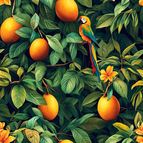 tropical pattern, mango fruit, parrot bird, orange yellow, emerald green, lush foliage, botanical design, jungle scene, exotic birds, citrus fruits, tropical leaves, vibrant colors, nature motif,, fabric panel, wildlife pattern, tropical flowers, dense vegetation, colorful parrot, fruit tree
