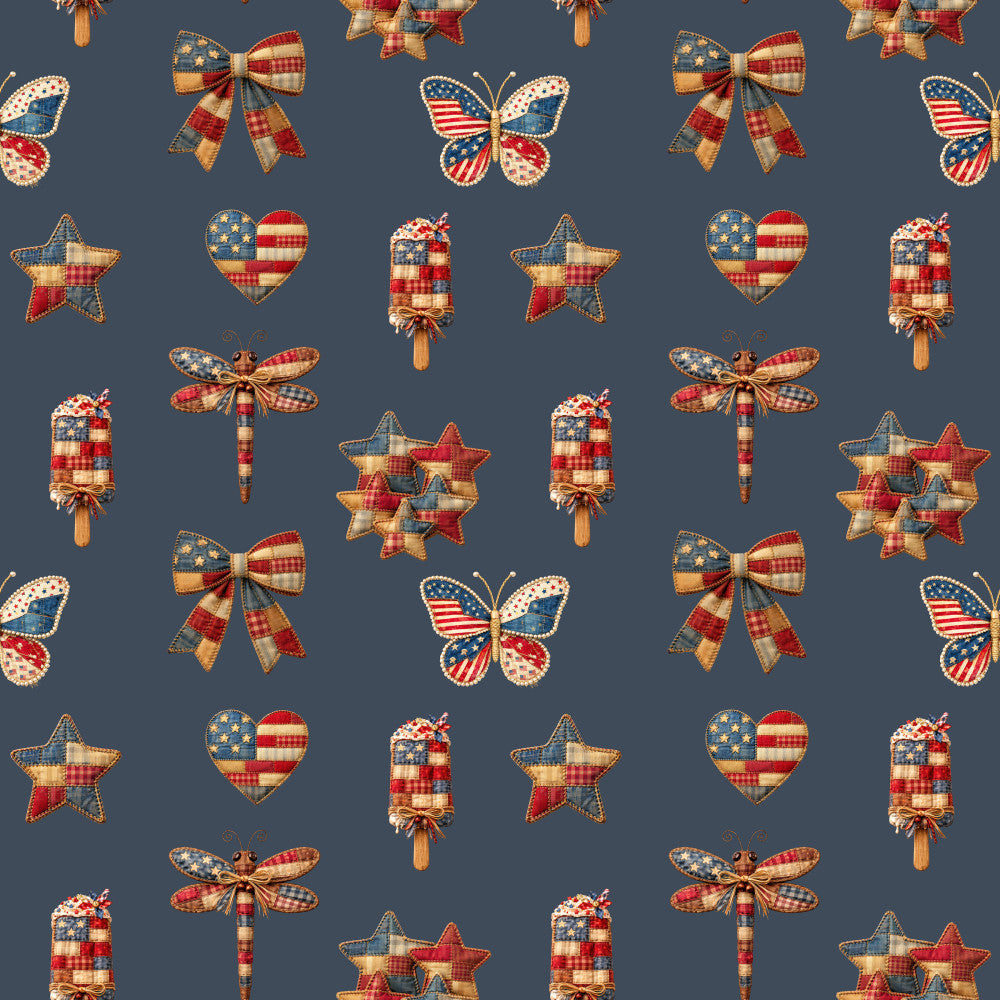 slate blue, navy blue, red, cream, stars, hearts, butterflies, bows, dragonflies, patriotic, american flag, popsicles, plaid, gingham, checkered, vintage, rustic, farmhouse, patriotic theme, fourth of july, independence day, summer, americana, traditional, whimsical, kids room, playroom, nursery decor, children's design, nostalgic