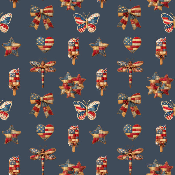 slate blue, navy blue, red, cream, stars, hearts, butterflies, bows, dragonflies, patriotic, american flag, popsicles, plaid, gingham, checkered, vintage, rustic, farmhouse, patriotic theme, fourth of july, independence day, summer, americana, traditional, whimsical, kids room, playroom, nursery decor, children's design, nostalgic