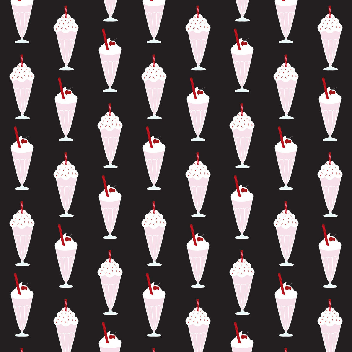 black background, red accents, pink milkshakes, white whipped cream, cherry garnish, red straws, ice cream sundaes, 1950s style, retro diner, soda fountain, repeating pattern, vintage desserts,, fabric panel, nostalgic design, mid-century modern, strawberry shake, dessert motif, diner aesthetic