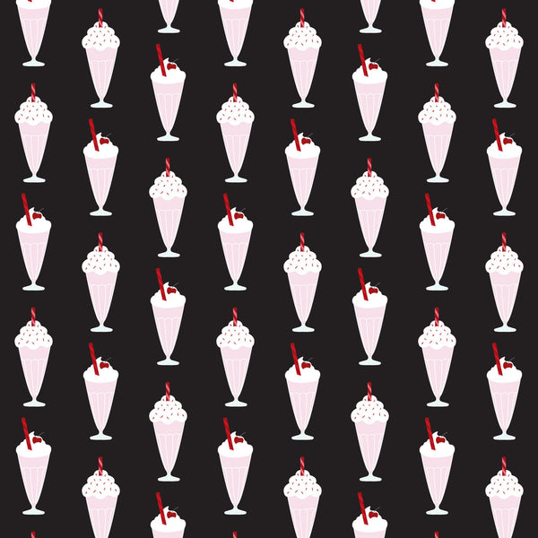 black background, red accents, pink milkshakes, white whipped cream, cherry garnish, red straws, ice cream sundaes, 1950s style, retro diner, soda fountain, repeating pattern, vintage desserts,, fabric panel, nostalgic design, mid-century modern, strawberry shake, dessert motif, diner aesthetic