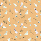 peach, cream white, gray, halloween, ghosts, skulls, spooky, whimsical, playful, kids, children, nursery, playroom, creepy cute, bare branches, skeleton faces, floating ghosts, horror, witchy, autumn, fall, trick or treat, monster, festive, supernatural, eerie, charming, fun