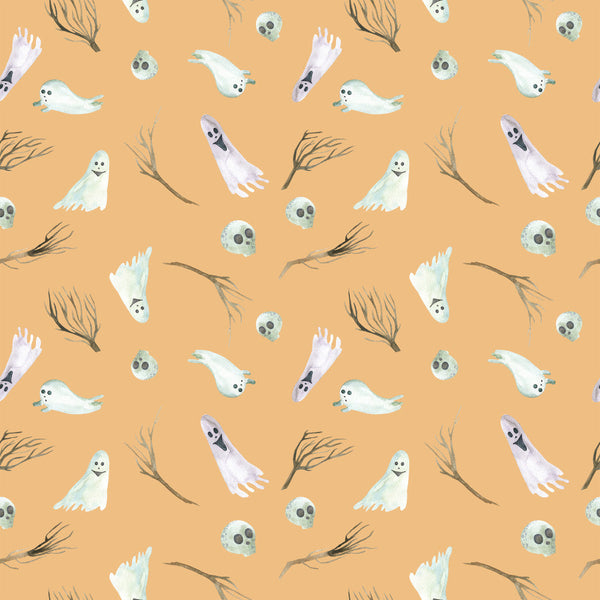 peach, cream white, gray, halloween, ghosts, skulls, spooky, whimsical, playful, kids, children, nursery, playroom, creepy cute, bare branches, skeleton faces, floating ghosts, horror, witchy, autumn, fall, trick or treat, monster, festive, supernatural, eerie, charming, fun