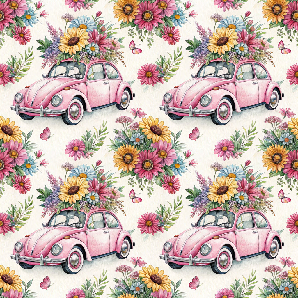 pink volkswagen beetle, vintage car, floral bouquet, wildflowers, daisy flowers, sunflowers, pink blooms, butterflies,, fabric panel, whimsical pattern, spring theme, pastel colors, yellow flowers, blue daisies, green foliage, repeating design, retro automobile, flower arrangement, botanical illustration