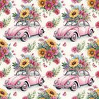pink volkswagen beetle, vintage car, floral bouquet, wildflowers, daisy flowers, sunflowers, pink blooms, butterflies,, fabric panel, whimsical pattern, spring theme, pastel colors, yellow flowers, blue daisies, green foliage, repeating design, retro automobile, flower arrangement, botanical illustration