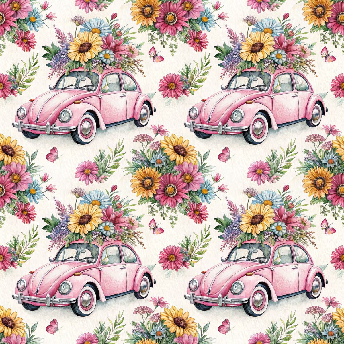 pink volkswagen beetle, vintage car, floral bouquet, wildflowers, daisy flowers, sunflowers, pink blooms, butterflies,, fabric panel, whimsical pattern, spring theme, pastel colors, yellow flowers, blue daisies, green foliage, repeating design, retro automobile, flower arrangement, botanical illustration
