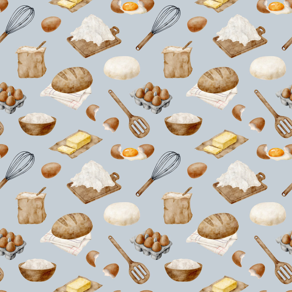 watercolor, baking pattern,, fabric panel, food illustration, kitchen utensils, eggs, flour, bread, butter, whisk, rolling pin, mixing bowl, cooking ingredients, culinary theme, beige, brown, cream, white, yellow, gray background, repeating pattern, cooking motifs, baking supplies