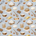 watercolor, baking pattern,, fabric panel, food illustration, kitchen utensils, eggs, flour, bread, butter, whisk, rolling pin, mixing bowl, cooking ingredients, culinary theme, beige, brown, cream, white, yellow, gray background, repeating pattern, cooking motifs, baking supplies