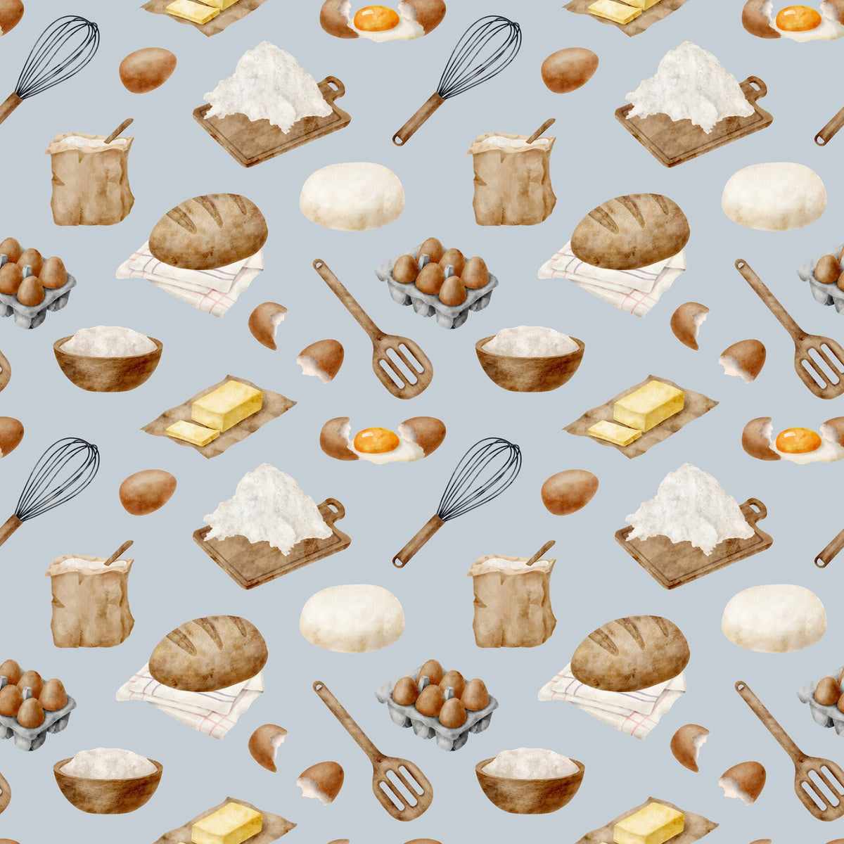 watercolor, baking pattern,, fabric panel, food illustration, kitchen utensils, eggs, flour, bread, butter, whisk, rolling pin, mixing bowl, cooking ingredients, culinary theme, beige, brown, cream, white, yellow, gray background, repeating pattern, cooking motifs, baking supplies