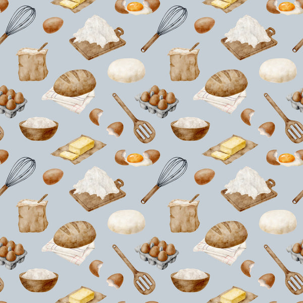 watercolor, baking pattern,, fabric panel, food illustration, kitchen utensils, eggs, flour, bread, butter, whisk, rolling pin, mixing bowl, cooking ingredients, culinary theme, beige, brown, cream, white, yellow, gray background, repeating pattern, cooking motifs, baking supplies