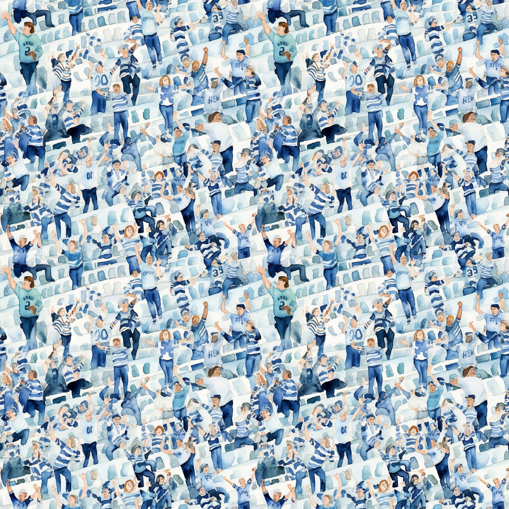 watercolor, football fans, crowd scene, stadium seating, blue tones, white accents, navy blue, light blue, sports theme, cheering people,, fabric panel, athletic pattern, team colors, spectators, celebration, energetic mood, repeating pattern, cotton fabric, sports memorabilia