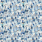 watercolor, football fans, crowd scene, stadium seating, blue tones, white accents, navy blue, light blue, sports theme, cheering people,, fabric panel, athletic pattern, team colors, spectators, celebration, energetic mood, repeating pattern, cotton fabric, sports memorabilia