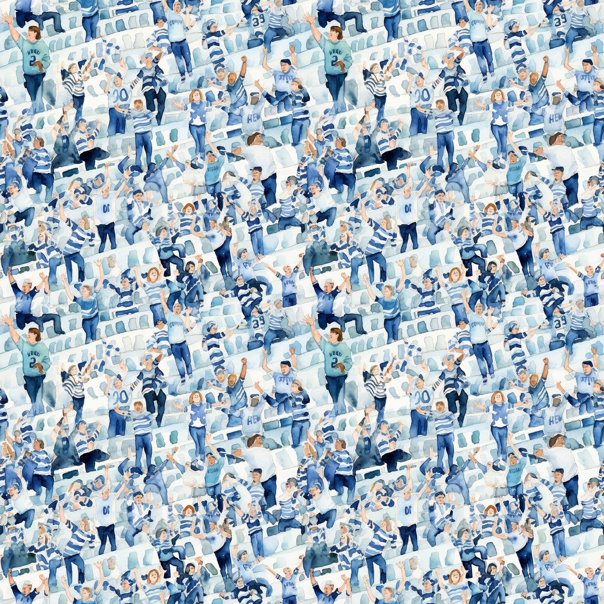 watercolor, football fans, crowd scene, stadium seating, blue tones, white accents, navy blue, light blue, sports theme, cheering people,, fabric panel, athletic pattern, team colors, spectators, celebration, energetic mood, repeating pattern, cotton fabric, sports memorabilia