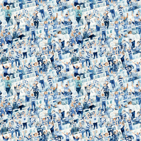 watercolor, football fans, crowd scene, stadium seating, blue tones, white accents, navy blue, light blue, sports theme, cheering people,, fabric panel, athletic pattern, team colors, spectators, celebration, energetic mood, repeating pattern, cotton fabric, sports memorabilia