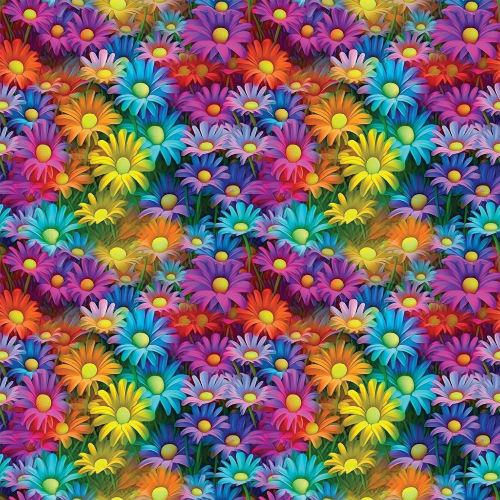 vibrant flowers, daisy pattern, purple petals, turquoise blooms, orange flowers, yellow centers, pink blossoms, blue daisies, rainbow colors, floral design, densely packed, bright botanical,, fabric panel, psychedelic style, neon hues, overlapping blooms, garden motif, cheerful pattern, kaleidoscope flowers