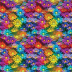 vibrant flowers, daisy pattern, purple petals, turquoise blooms, orange flowers, yellow centers, pink blossoms, blue daisies, rainbow colors, floral design, densely packed, bright botanical,, fabric panel, psychedelic style, neon hues, overlapping blooms, garden motif, cheerful pattern, kaleidoscope flowers
