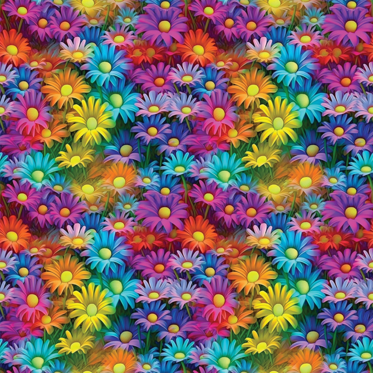 vibrant flowers, daisy pattern, purple petals, turquoise blooms, orange flowers, yellow centers, pink blossoms, blue daisies, rainbow colors, floral design, densely packed, bright botanical,, fabric panel, psychedelic style, neon hues, overlapping blooms, garden motif, cheerful pattern, kaleidoscope flowers