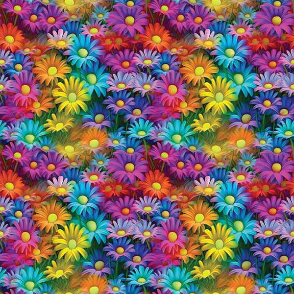 vibrant flowers, daisy pattern, purple petals, turquoise blooms, orange flowers, yellow centers, pink blossoms, blue daisies, rainbow colors, floral design, densely packed, bright botanical,, fabric panel, psychedelic style, neon hues, overlapping blooms, garden motif, cheerful pattern, kaleidoscope flowers