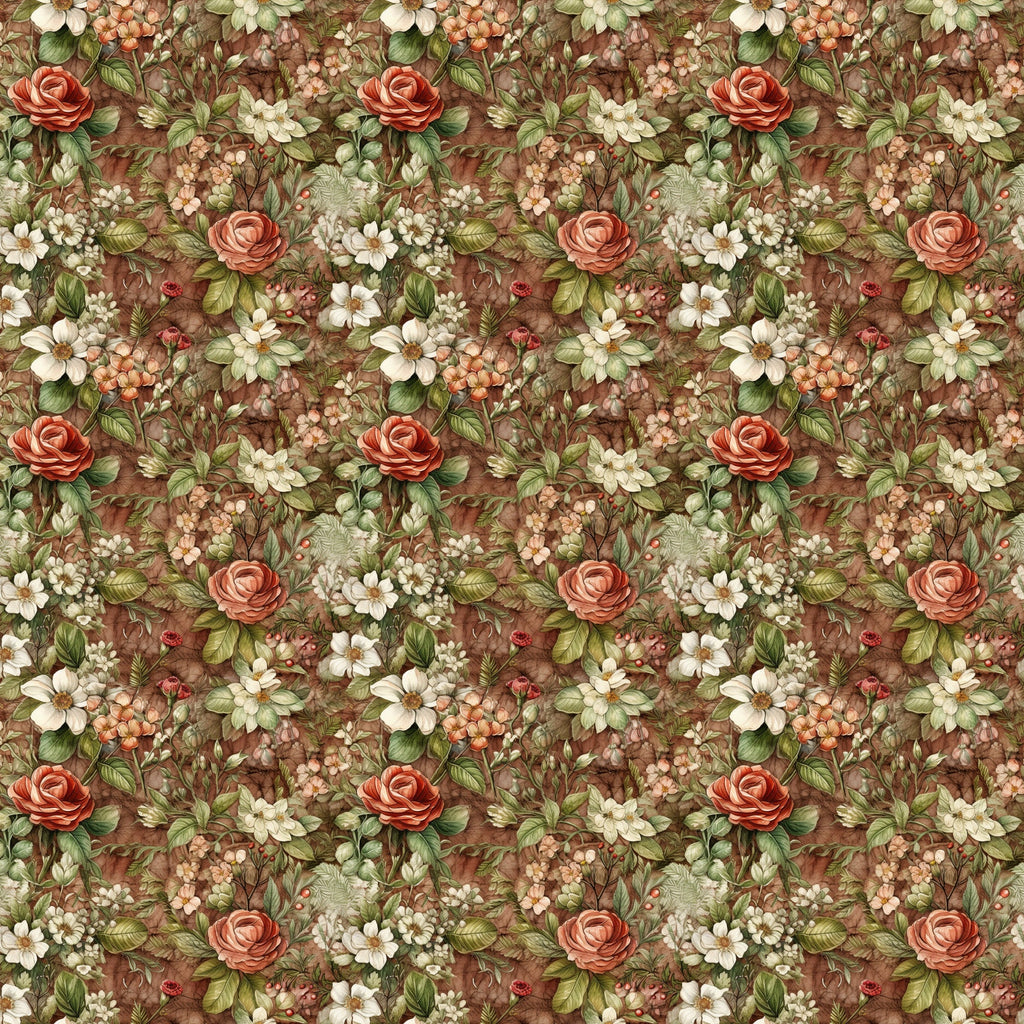 burgundy, coral roses, cream flowers, sage green, brown background, floral pattern, botanical design, vintage style,, fabric panel, english garden, romantic florals, earthy tones, repeating motif, delicate blooms, nature inspired, cottage core, muted palette, small scale print