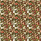 burgundy, coral roses, cream flowers, sage green, brown background, floral pattern, botanical design, vintage style,, fabric panel, english garden, romantic florals, earthy tones, repeating motif, delicate blooms, nature inspired, cottage core, muted palette, small scale print