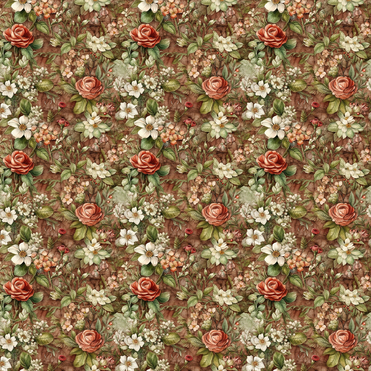 burgundy, coral roses, cream flowers, sage green, brown background, floral pattern, botanical design, vintage style,, fabric panel, english garden, romantic florals, earthy tones, repeating motif, delicate blooms, nature inspired, cottage core, muted palette, small scale print
