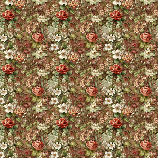 burgundy, coral roses, cream flowers, sage green, brown background, floral pattern, botanical design, vintage style,, fabric panel, english garden, romantic florals, earthy tones, repeating motif, delicate blooms, nature inspired, cottage core, muted palette, small scale print