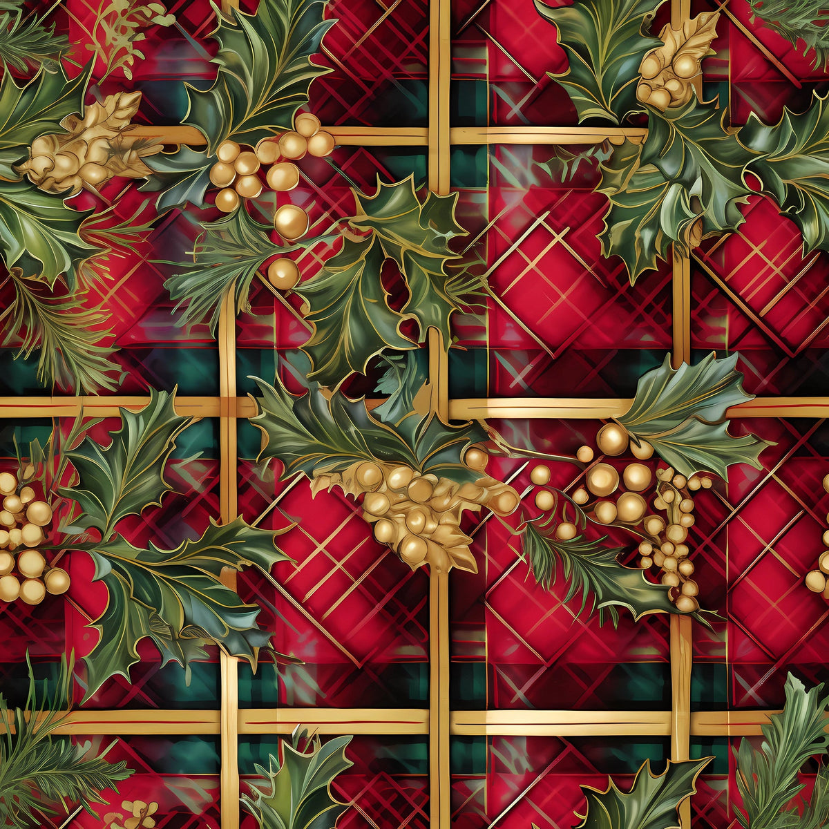 red, green, gold, christmas, plaid, tartan, holly leaves, berries, pine cones, evergreen branches, botanical, festive, holiday,, fabric panel, winter, geometric grid, nature motifs, seasonal foliage, decorative pattern