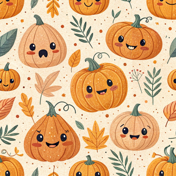 orange pumpkins, kawaii faces, autumn leaves, cream background, green stems, fall pattern,, fabric panel, cute characters, seasonal design, harvest theme, happy expressions, botanical elements, orange tones, peach colors, sage green, retro style, halloween motif, whimsical art, repeating pattern