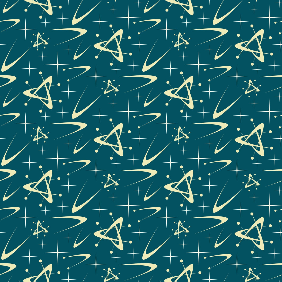 teal, cream, atomic pattern, starbursts, mid-century modern, retro, space age, geometric shapes, triangular motifs, orbital rings, stars, dots,, fabric panel, 1950s style, futuristic, abstract design, repeating pattern, vintage inspired, celestial elements
