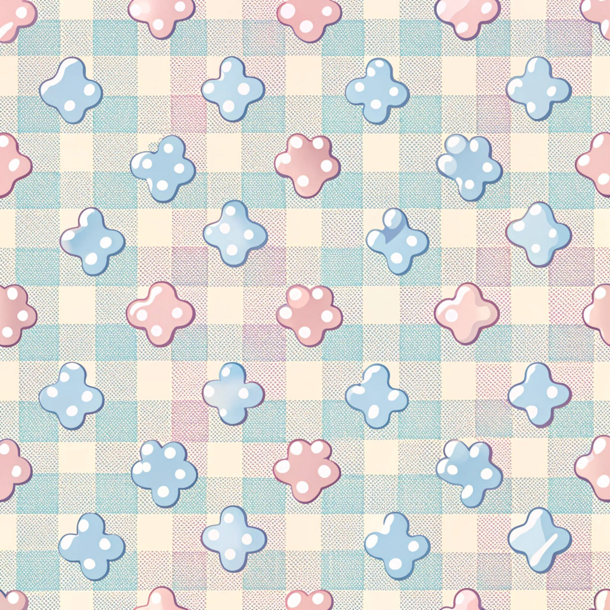 dog paws, paw prints, pastel pink, soft blue, cream, checkered background, gingham pattern, polka dots, cute animals, pet themed,, fabric panel, whimsical, playful design, nursery fabric, animal motifs, repeating pattern, soft colors, cotton fabric, crafting material